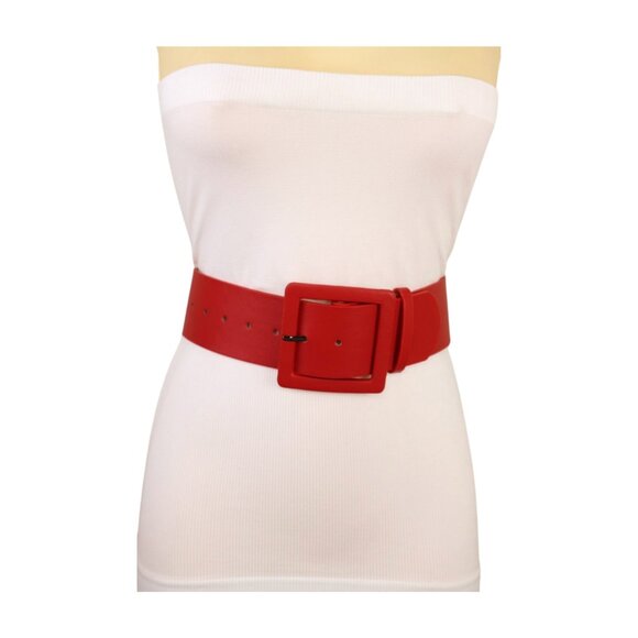 Women Red Faux Leather Waistband Fashion Belt Hip Waist Big Square Buckle M L - Picture 10 of 16